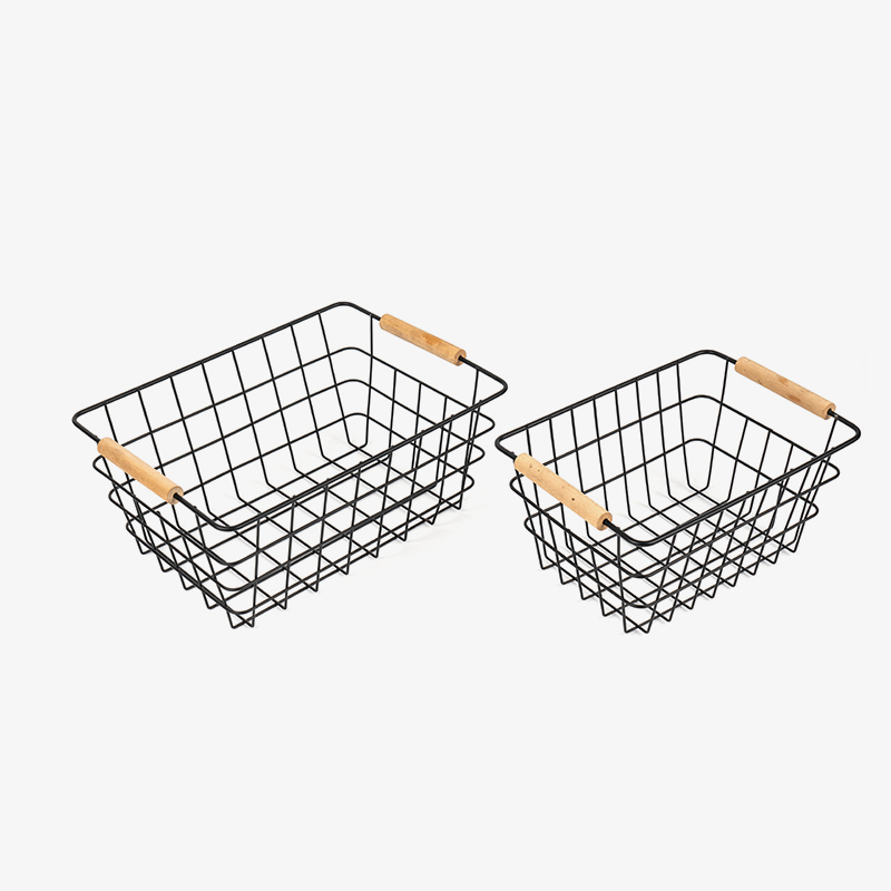 Mga Wire Storage Basket na may Wooden Handle para sa Kusina at Pantry