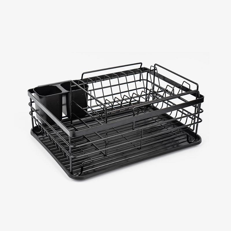 Itim na kitchen countertop drain rack na may drain board at dish rack
