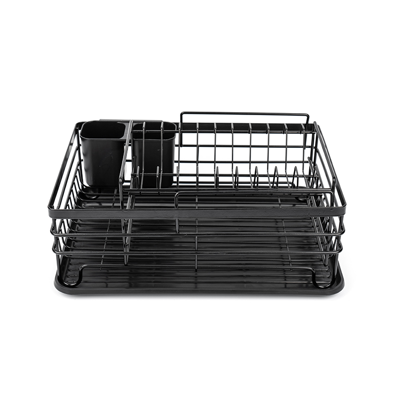 Itim na kitchen countertop drain rack na may drain board at dish rack