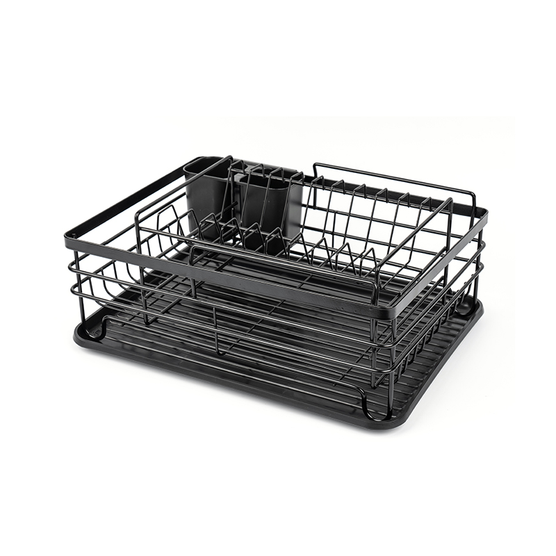 Itim na kitchen countertop drain rack na may drain board at dish rack