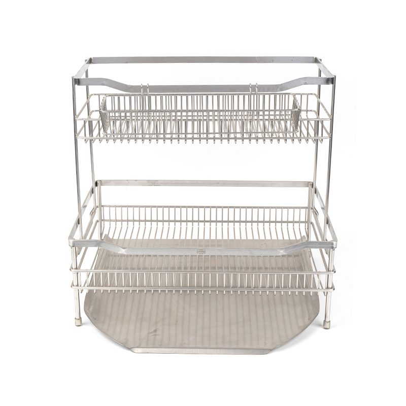 Stainless Steel Double Layer Dish Drying Rack na may Drainboard