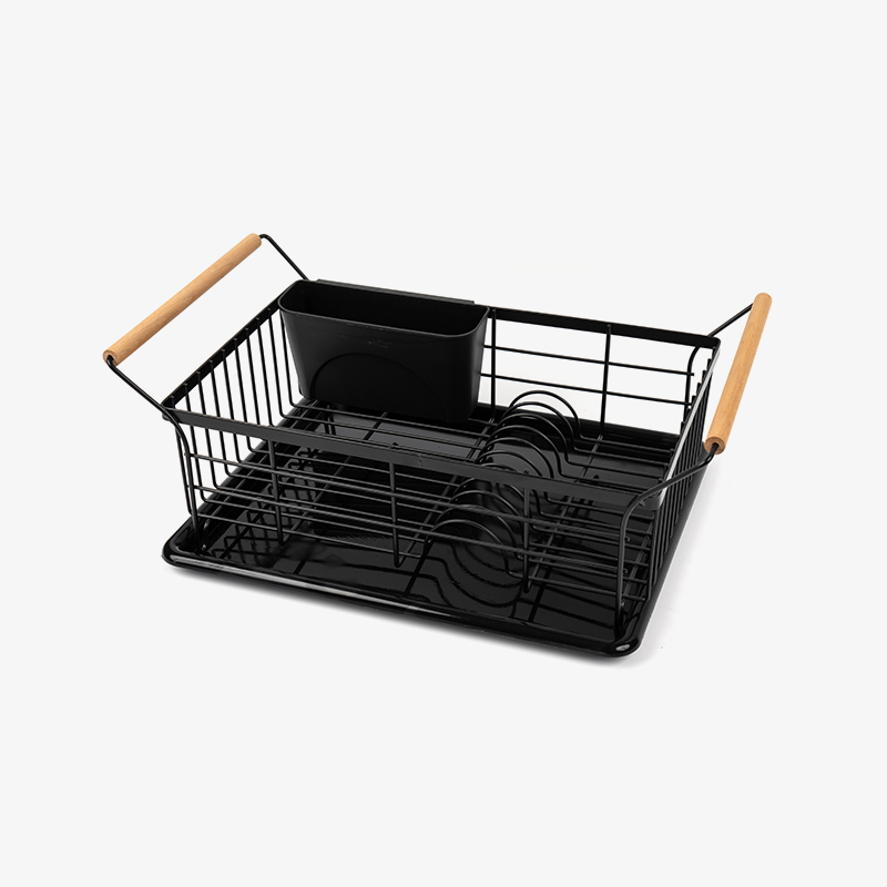 Isang bowl at plate drying rack na may hawakan na gawa sa kahoy