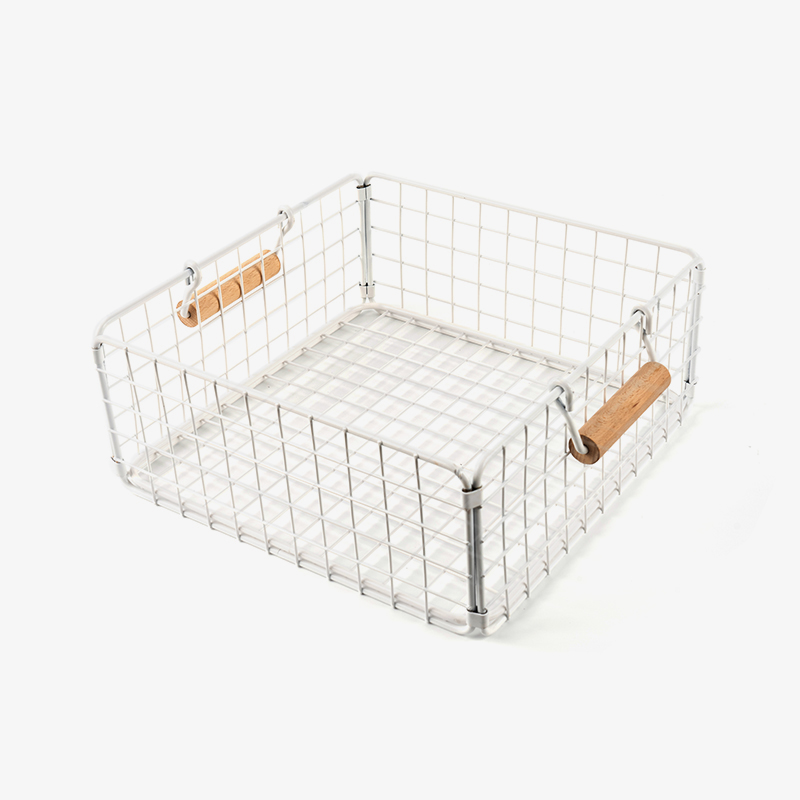Mga White Wire Storage Basket na may Wooden Handle para sa Pantry at Cabinets