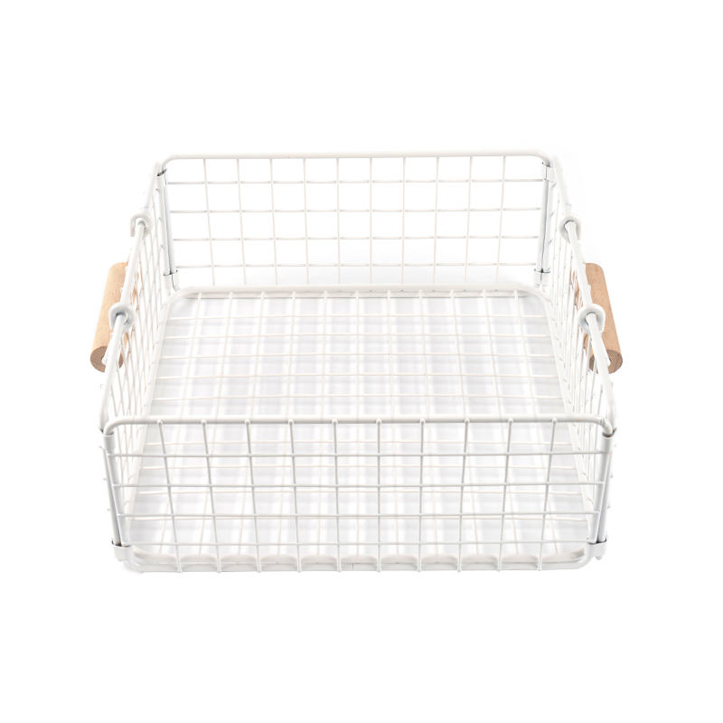 Mga White Wire Storage Basket na may Wooden Handle para sa Pantry at Cabinets