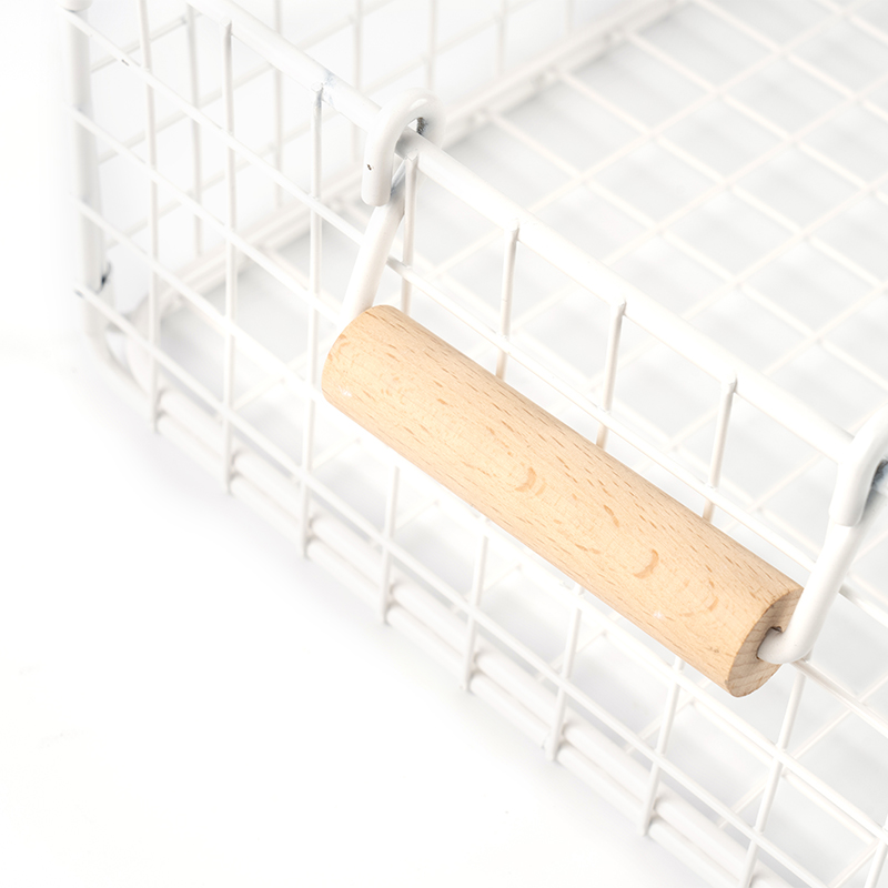 Mga White Wire Storage Basket na may Wooden Handle para sa Pantry at Cabinets